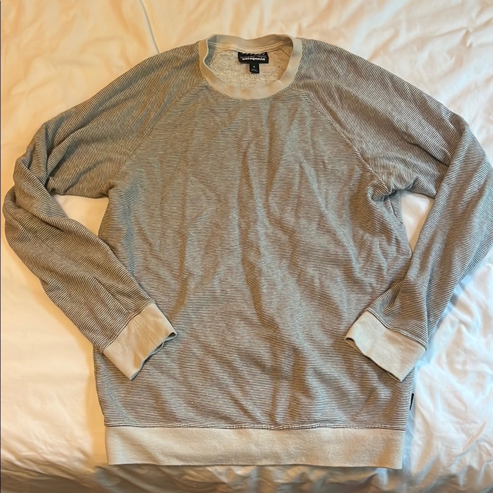 Patagonia Men's Crewneck Sweater in Light Gray Stripe